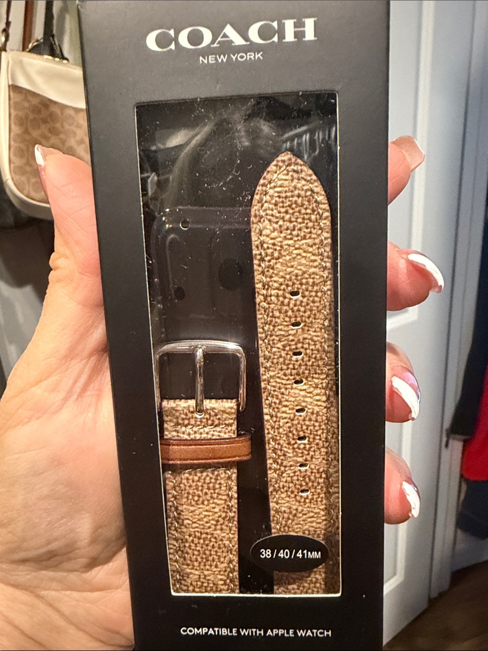COACH Brown Textured Leather-Trim Apple Watch Band